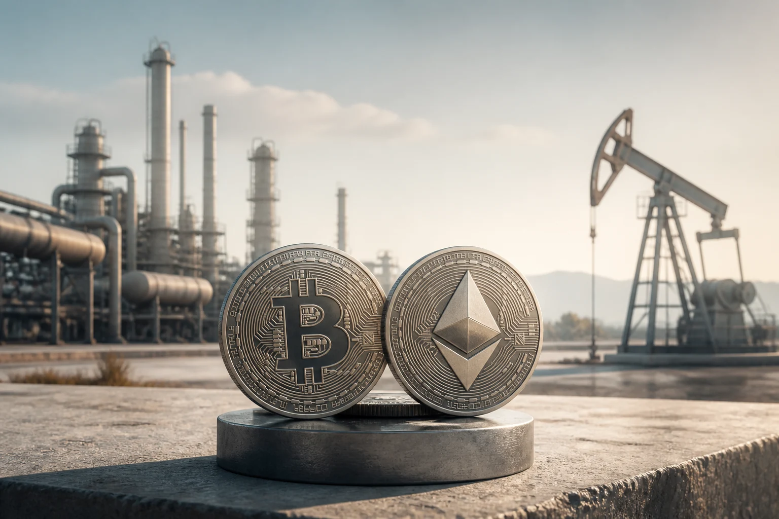 Composition illustrée réunissant Bitcoin, Ethereum, gaz naturel et pétrole